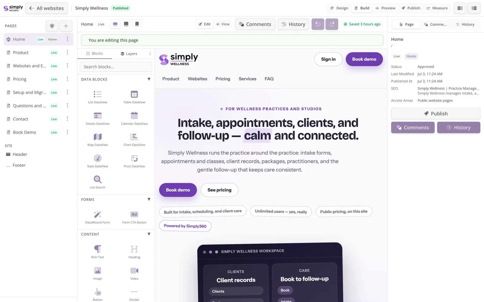 The Simply Wellness website open in Website Studio.